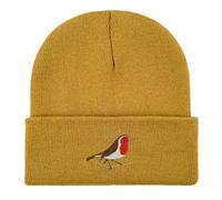 Robin Embroidered Beanie hat. Bird Lovers Gift Ideas. Robin Hat, Embroidered Bird Watching hat (UK, Alpha, One Size, Standard, Mustard Yellow)