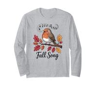 Robin Fall Song Bird and Musical Notes Autumn Leaves Long Sleeve T-Shirt