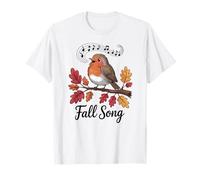 Robin Fall Song Bird and Musical Notes Autumn Leaves T-Shirt