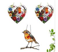 Robin Garden Ornaments Outdoor, 3pcs Hanging Sun Catchers for Windows | 20x20cm, 2 Heart-Shaped + 1 Branch Design Bird Ornaments, Large Robin Bird Pendant Garden Decor for Women & Nature Lovers