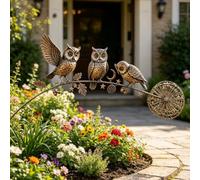 Robin Garden Stake - 3 Birds on Curved Metal Branch with Plants Design, Outdoor Yard Art Decoration for Lawn, Patio, Flower Bed & Walkway, Rustic Garden Accent (Owl)