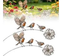 Robin Garden Stake, Rustic Robin Bird Yard Art Decorations with Dandelion Accent, Metal Robins Bird Garden Sculpture,for Lawn Patio Flower Bed and Backyard, Memorial Gift (Silver,2pcs)
