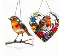 Robin Gifts, 2 Pieces Robin Suncatchers for Windows, Garden Ornaments | Acrylic Construction, Stained Glass Style, Suitable for Window or Garden Hanging, Ideal for Bird Lovers
