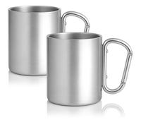 Robin Goods® 2X Stainless Steel Thermal Mugs with Carabiner Handle - 350 ml per Coffee Mug - Thermal Drinking Mug - Coffee Pot shatterproof (02 Pieces - Carabiner Handle)