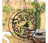 Robin Hanging Orbit Spinner - Metal Bird in Tree Silhouette Black Wind Spin Tree Hanging Garden Ornament