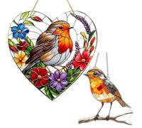 Robin Hanging Suncatcher Heart and Robin Suncatcher On Branch Stained Glass 2Pcs Colorful Bird Window Hanging Ornaments Robins for Outdoor Home Garden Decoration