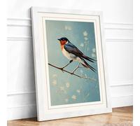 Robin in Bloom Vintage Framed Wall Art Print A4 (29.7×21cm) White, Wall Decor for Living Room, Bedroom, Office & Home, Ready to Hang, Art Gift