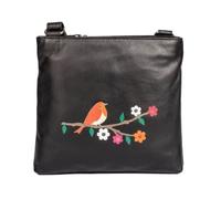 Robin Leather Crossbody Bag - Soft Nappa Leather, Hand-Stitched Robin Appliqué, Zipper Closure, Adjustable Strap, Red Lining, Includes Dustbag
