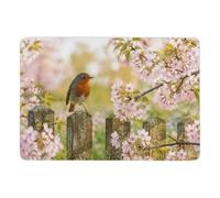 Robin on a cherry blossom branch Short Pile Rug 150 x 100 cm, Soft Non Slip | Non slip area rug for autumn interiors, soft underfoot feel; for bedside and sofa areas