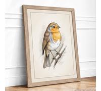 Robin on Branch Botanical Framed Wall Art Print A2 (59.4×42cm) Oak, Wall Decor for Living Room, Bedroom, Office & Home, Ready to Hang, Art Gift