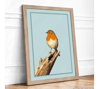 Robin on Branch Botanical Framed Wall Art Print A2 (59.4×42cm) Oak, Wall Decor for Living Room, Bedroom, Office & Home, Ready to Hang, Art Gift