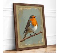 Robin on Branch Vintage Framed Wall Art Print A3 (42×29.7cm) Walnut, Wall Decor for Living Room, Bedroom, Office & Home, Ready to Hang, Art Gift