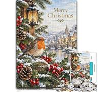 Robin on Snowy Holly Branch with Village Jigsaw Puzzle, 1000 Piece | For a calm Advent activity, this adult jigsaw puzzle with 1000 pieces offers a longer activity for the holidays.