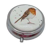 Robin Redbreast Pill Box Metal Design 2 CM Three Section Plastic Inner Gift