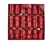 Robin Reed Tree Flakes Red Christmas Crackers, Handmade Holiday Party Favors with Gold Trees, Traditional Gifts and Jokes, 12 Pack