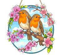 Robin Sun Catcher, Flower Stained Glass Style Sun Catchers for Windows, Birds on Branch Suncatcher, Blossom Tree Hanging Ornament for Garden, Outdoor & Home, Robin Gifts for Bird Lovers, Women & Girls