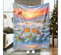 Robin Throw Blanket, Winter Festive Cardinal Pine Winter Blue Flannel Blanket Soft Lightweight Decorative for Couch Sofa Bed Office Desk Living Room 50x60 Inch