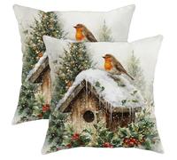 Robin Throw Pillow Covers Set of 2, Winter Rustic Birdhouse Pine Trees Christmas Green Soft Velvet Washable Pattern Pillow Covers for Living Room Apartment Bed Sofa Decor 20x20 Inch