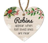 "Robins Appear When Lost Loved Ones Are Near" Heart-Shaped MDF Wooden Hanging Plaque - Memorial Remembrance Decoration, Christmas Ornament with Holly and Berry Design