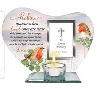 Robins Appear When Loved Ones Are Near Memorial Votive Tea Light Holder with Photo Frame AND Prayer/Wallet Card for Rememerance Of Family and Friends