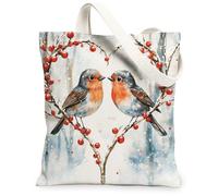 Robins Bird Canvas Tote Bag for Shopping 13 * 15, Valentine's Day Snowy Forest Reusable Grocery Bag for Women, Heart Work Travel Painting Gift Decor