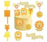 RobLuX 9 Pieces Cake Decoration Birthday Yellow Lions Cute Animals Cake Decoration 1st Birthday Boy Lion Balloon Box 4 Happy Birthday Paper Jam Leo Card Cake Decoration for Birthday Party