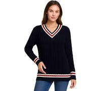 ROBO SPORTS Women’s V-Neck Cable Knitted Cricket Sweater - Long Sleeve Stretch Stripe Top, UK 8-26 Plus Size Navy