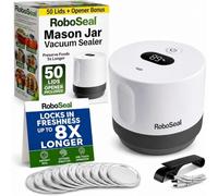 Roboseal Electric Mason Jar Vacuum Sealer Kit with 50 Lids, Jar Opener | Works on Small and Wide Mouth Jars, Rechargeable, One Touch Operation, Digital Battery Indicator, 25 Regular + 25 Large Lids