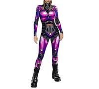 Robot Armor Catsuit Outfits Halloween Skinny Jumpsuit Skeleton 3D Print Stretch Cosplay Costume Long Sleeve Sexy Bodycon Bodysuit Nightwear Adult Playsuit Rompers Fancy Dress Up (A01-Purple, M)