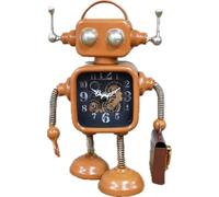 Robot Desk Clock, Retro Design, Battery-Powered Analogue Display, Orange Metal