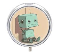 Robot in The Corner Pill Box 3 Compartment Travel Pill Organizer 3 Times A Day Cute Mini Pill Case for Purse & Pocket Portable Metal Medicine Box with Mirror Round Daily Medicine Vitamin Container