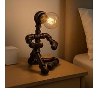 Robot Table Lamp - Thinking Man Retro Industrial Steampunk Rustic Iron Water Pipe Lamp - Ideal Home Gift Ideas - Bedside Bar Restaurant Cafe (One Leg Folded)
