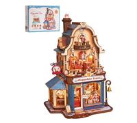 ROBOTIME 3D Wooden Puzzle Toy Shop with Light and Motion, EAM01 | Moving toy train swaying teddy chimney cat warm light and melody for desks collectors and thoughtful gifts