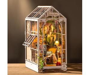 ROBOTIME Book Nook Kit Gardenhouse with LED Lights, DIY Miniature Dolls House Kit 3D Wooden Puzzle Bookend Booknook Book Shelf Decoration Gift