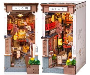 ROBOTIME Book Nook Kits for Adults Sakura Wine Alley, DIY Booknook with Lights DIY Miniature Dolls House Kit 3D Wooden Puzzle Bookend Bookshelf Decor Gift