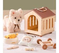 ROBOTIME Dog Pull Along Toy with Removable Wheels, Soft Cuddly Dog Toy with Wooden Dog House, Dog Food Bowl, Plush Drumstick, Wooden Comb, Interactive Pretend Play Set for Toddlers 2 Years+