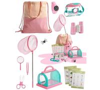 ROBOTIME Explorer Kit & Bug Catcher Kit, 12-in-1 Outdoor Adventure Set, Bug Collection with Kids Binoculars, Butterfly Net, Insect Box, Magnifying Glass & Compass Watch, Gift for Toddlers 3-12 (Pink)