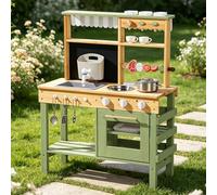 ROBOTIME Kids Wooden Mud Kitchen with Working Tap and BBQ Grill, 3+