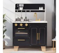 ROBOTIME Kids Wooden Play Kitchen - Realistic Pretend Play Toys with Coffee Machine, Marble Decorated Board, and Golden Tap - Perfect for Imaginative Role Play, Gift for Toddlers, Obsidian Black