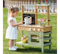 ROBOTIME Mud Kitchen Playset for Kids, Deluxe Outdoor Wooden Kitchen with Working Water Tap, Blackboard, BBQ Grill, Large Storage Space, Garden Sink and Kitchen Accessories, Pretend Play Toddler 3+