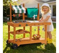 ROBOTIME Mud Kitchen with Rolling Wheels and Fabric Awning for Kids 3+ | Wooden Toy Kitchen with Push Handle, Grill, Blackboard, Storage and Real Water Sink for Pretend Play Cooking, Gift
