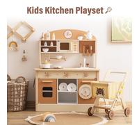 Robotime ROBUD Wooden Play Kitchen with Realistic Accessories, Caramel