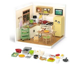 Robotime Rolife Happy Meals Kitchen DIY Miniature House Kit 16.3x16.3x15.2cm 1PC,Home decoration, bookshelf decoration,Craft Gifts for Adults and Teens,Educational toys