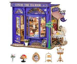 Robotime Rolife Leisure Time Tea DIY Dollhouse Kit 24.9x15.5x17.8cm 1PC,Home decoration, bookshelf decoration,Craft Gifts for Adults and Teens,Educational toys