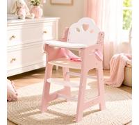 ROBOTIME Wooden Baby Doll High Chair with Removable Tray, Pink, Ages 3+ | Wide Seat, Safety Strap and Footrest for Feeding Role Play, Doll Furniture Gift for Children Aged 3+
