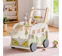 ROBOTIME Wooden Baby Walker, Baby Push Along Toy with Wheels, Multifunctional Activity Walker with Height Adjustment & Speed Control, Gift for Toddler Age 10-36 Months, Green Animals