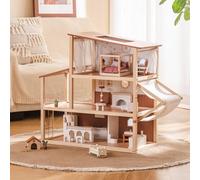 ROBOTIME Wooden Doll House, Bohemian Dollhouse with Furniture and Accessories, 3-Level Playhouse with Adjustable Tent and Rattan Elements, Brown Khaki Style, Imaginative Gift for Toddler Aged 3+