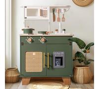 ROBOTIME Wooden Play Kitchen for Kids, Realistic Toy Kitchen with Pretend Ice Dispenser and Rattan Mesh Element, Prentend Play Cooking Playset for Toddler, Gift for Boys Girls Aged 3+, Vintage Green