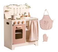 ROBOTIME Wooden Play Kitchen, Kids Toy Kitchen with Apron, Glove and Curtain, Children Kitchen with Leaf String, Educational Pretend Play Cooking Set, Rustic Style Gift for Girls Aged 3+, Cream Rose