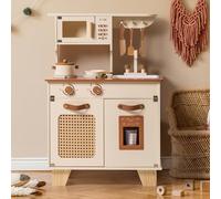 ROBOTIME Wooden Play Kitchen Set for Toddlers, Realistic Toy Kitchen with Ice Dispenser, Rattan Mesh and Leather Element, Prentend Play Cooking Playset for Kids, Gift for Boys Girls 3+ (Cream)